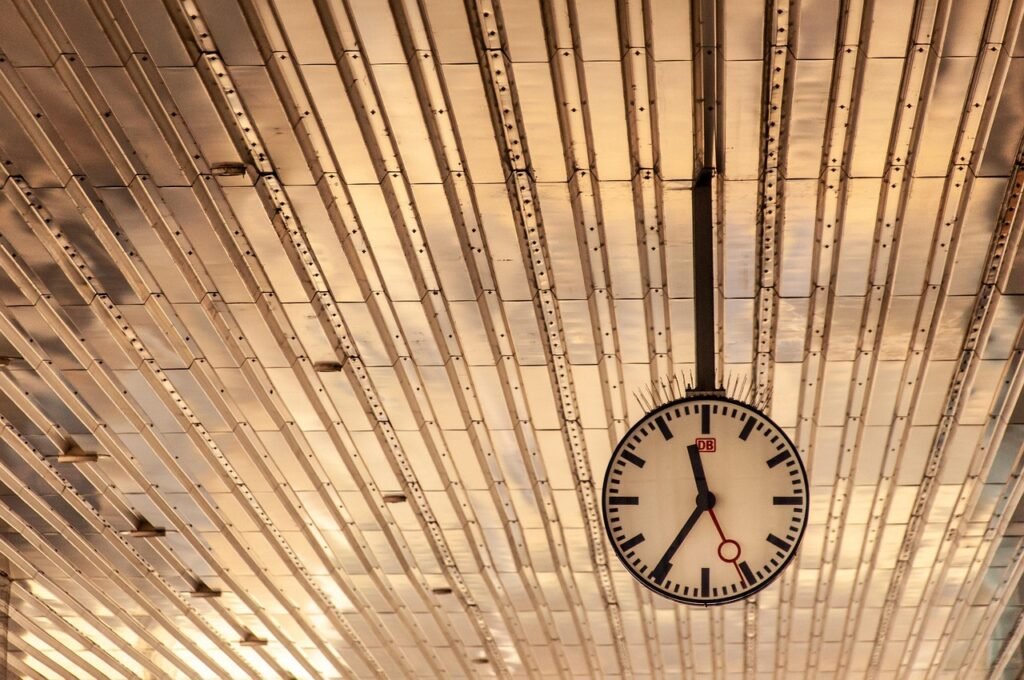 Clock hanging from a ceiling